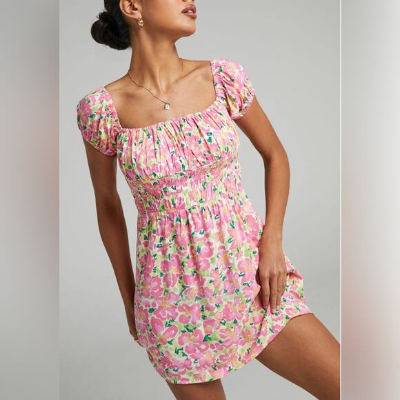 Seven Wonders Milkmaid Cottagecore Pink Floral Mini Babydoll Dress - Small - Picture 1 of 11